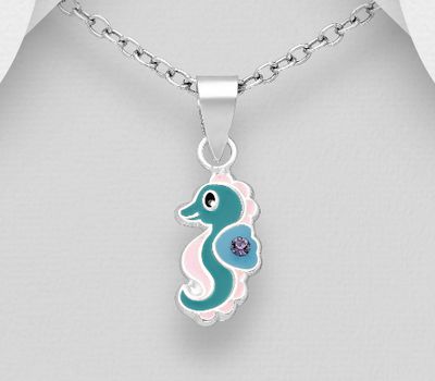 925 Sterling Silver Seahorse Pendant, Decorated with Colored Enamel and Crystal Glass