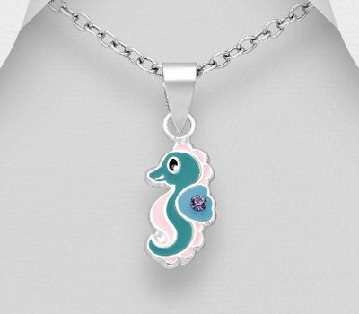 Şəkli böyütmək üçün tiklayın 925 Sterling Silver Seahorse Pendant, Decorated with Colored Enamel and Crystal Glass