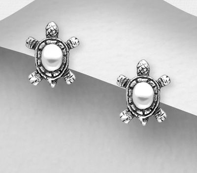 Şəkli böyütmək üçün tiklayın 925 Sterling Silver Oxidized Turtle Push-Back Earrings