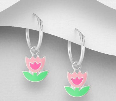 Şəkli böyütmək üçün tiklayın 925 Sterling Silver Flower Hoop Earrings, Decorated with Various Colored Enamel