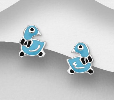 Şəkli böyütmək üçün tiklayın 925 Sterling Silver Duck Push-Back Earrings, Decorated with Colored Enamel