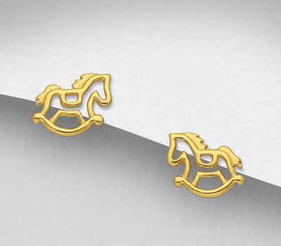 925 Sterling Silver Rocking Horse Push-Back Earrings, Plated with 14K or 18K Yellow Gold