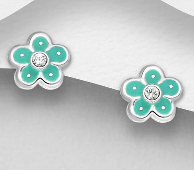 Şəkli böyütmək üçün tiklayın 925 Sterling Silver Flower Push-Back Earrings Decorated With Colored Enamel & Crystal Glass
