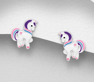 Şəkli böyütmək üçün tiklayın 925 Sterling Silver Unicorn Push-Back Earrings, Decorated with Colored Enamel