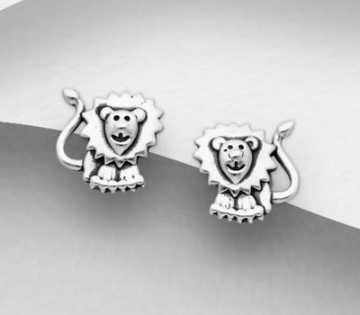 Şəkli böyütmək üçün tiklayın 925 Sterling Silver Oxidized Lion Push-Back Earrings