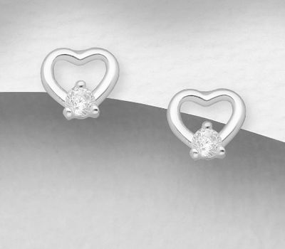 Şəkli böyütmək üçün tiklayın 925 Sterling Silver Heart Push-Back Earrings, Decorated With CZ Simulated Diamonds