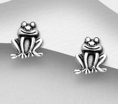 Şəkli böyütmək üçün tiklayın 925 Sterling Silver Oxidized Frog Push-Back Earrings