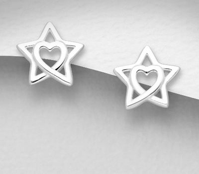 Şəkli böyütmək üçün tiklayın 925 Sterling Silver Heart And Star Push-Back Earrings