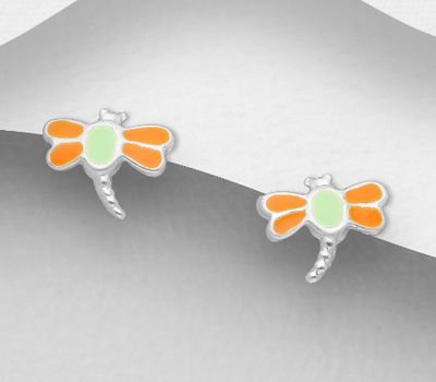925 Sterling Silver Dragonfly Push-Back Earrings, Decorated with Colored Enamel