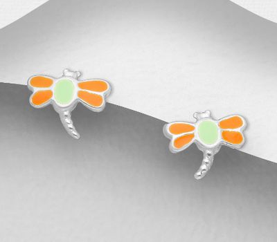 Şəkli böyütmək üçün tiklayın 925 Sterling Silver Dragonfly Push-Back Earrings, Decorated with Colored Enamel