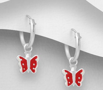 925 Sterling Silver Butterfly Hoop Earrings, Decorated with Various Colored Enamel