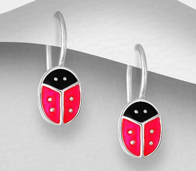 925 Sterling Silver Ladybug Kidney Earrings Decorated With Colored Enamel