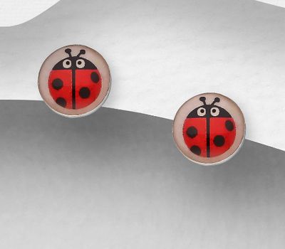 925 Sterling Silver Ladybug Push-Back Earrings, Decorated with Colored Enamel