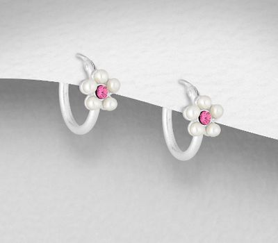925 Sterling Silver Flower Hoop Earrings, Decorated with Simulated Pearls and Various Color Crystal Glass