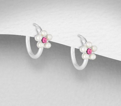 Şəkli böyütmək üçün tiklayın 925 Sterling Silver Flower Hoop Earrings, Decorated with Simulated Pearls and Various Color Crystal Glass
