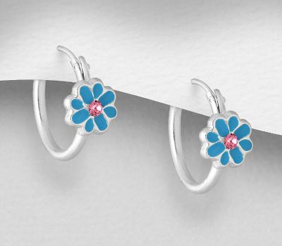 925 Sterling Silver Flower Hoop Earrings Decorated With Colored Enamel & Crystal Glass