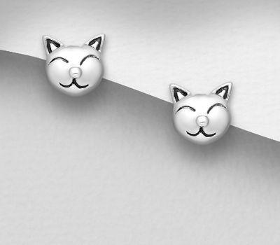 925 Sterling Silver Oxidized Cat Push-Back Earrings