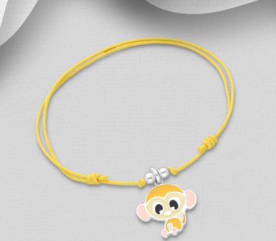 925 Sterling Silver Monkey adjustable Bracelet, Decorated with Various Colored Enamel