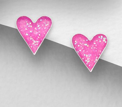 925 Sterling Silver Heart Push-Back Earrings, Decorated with Colored Enamel