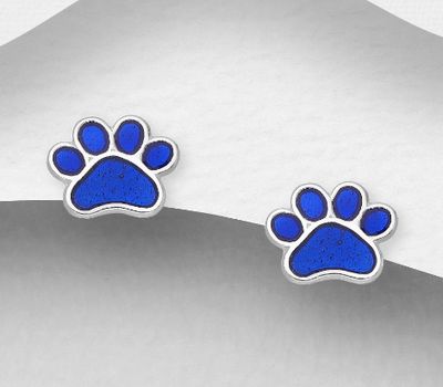 925 Sterling Silver Paw Push-Back Earrings, Decorated with Colored Enamel