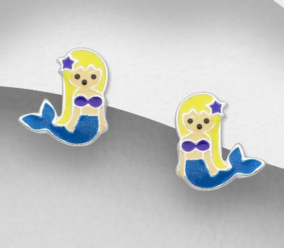 925 Sterling Silver Mermaid Push-Back Earrings Decorated With Colored Enamel