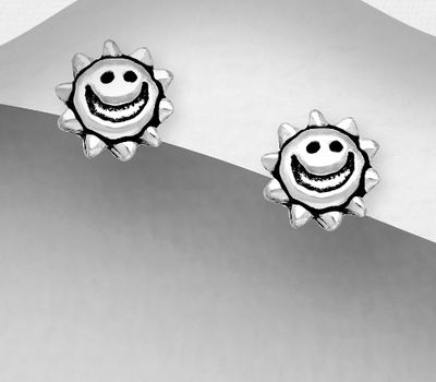 Şəkli böyütmək üçün tiklayın 925 Sterling Silver Oxidized Smiley and Sun Push-Back Earrings