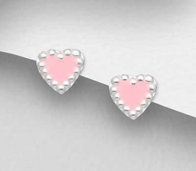925 Sterling Silver Heart Push-Back Earrings Decorated with Colored Enamel
