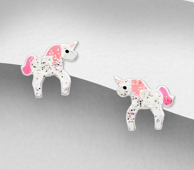 Şəkli böyütmək üçün tiklayın 925 Sterling Silver Unicorn Push-Back Earrings Decorated With Colored Enamel