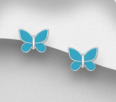 925 Sterling Silver Butterfly Push-Back Earrings Decorated With Colored Enamel