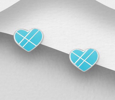 925 Sterling Silver Heart Push-Back Earrings Decorated With Colored Enamel