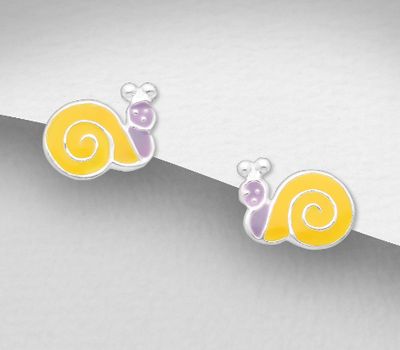 925 Sterling Silver Snail Push-Back Earrings, Decorated with Colored Enamel