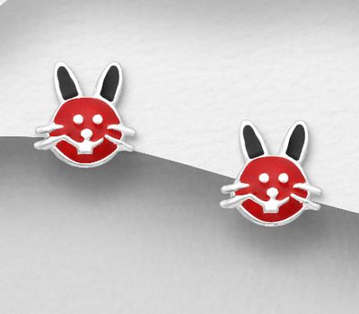 925 Sterling Silver Rabbit Push-Back Earrings, Decorated with Colored Enamel
