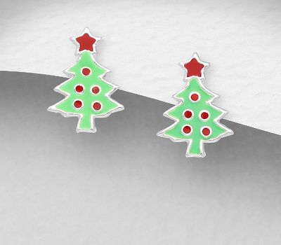 925 Sterling Silver Christmas Tree Push-Back Earrings Decorated with Colored Enamel