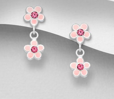 925 Sterling Silver Flower Push-Back Earrings, Decorated with Colored Enamel