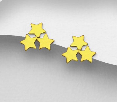 925 Sterling Silver Star Push-back Earrings, Plated with 1 Micron 14K or 18K Yellow Gold