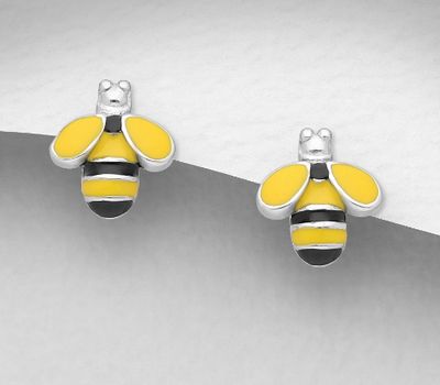 925 Sterling Silver Push-Back Bee Earrings, Decorated with Colored Enamel