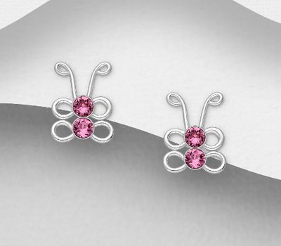 925 Sterling Silver Butterfly Push-Back Earrings, Decorated with Crystal Glass