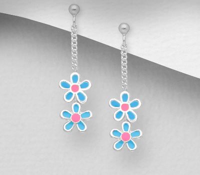 925 Sterling Silver Flower Push-Back Earrings Decorated With Colored Enamel