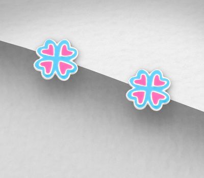 Malın səhifəsinə keç 925 Sterling Silver Clover Push-Back Earrings, Decorated with Colored Enamel