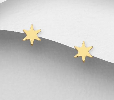 925 Sterling Silver Star Push-Back Earrings, Plated with 1 Micron 14K or 18K Yellow Gold