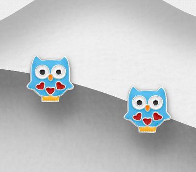 925 Sterling Silver Heart and Owl Push-Back Earrings, Decorated with Colored Enamel