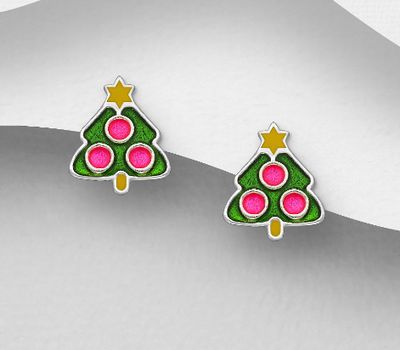 925 Sterling Silver Christmas tree Push-Back Earrings, Decorated with Colored Enamel