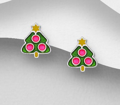 Şəkli böyütmək üçün tiklayın 925 Sterling Silver Christmas tree Push-Back Earrings, Decorated with Colored Enamel
