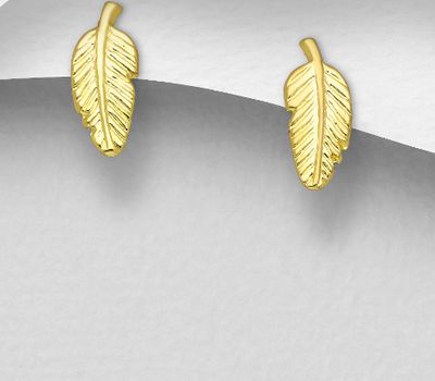 Yellow Gold Over Solid 925 Sterling Silver Leaf Push-Back Earrings