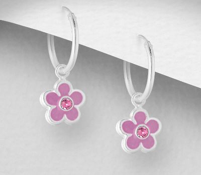 925 Sterling Silver Flower Earrings, Decorated with Various Colored Enamel and Crystal Glass