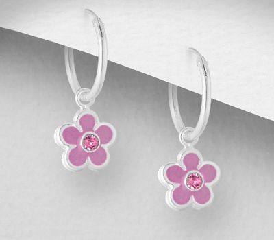 Şəkli böyütmək üçün tiklayın 925 Sterling Silver Flower Earrings, Decorated with Various Colored Enamel and Crystal Glass