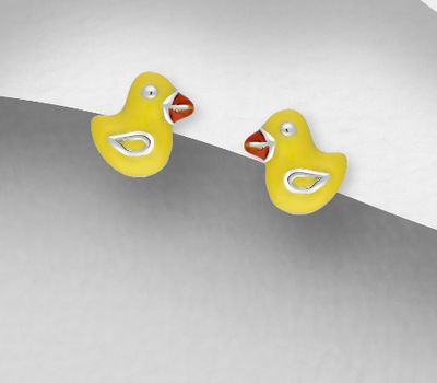 925 Sterling Silver Duck Push-Back Earrings, Decorated with Colored Enamel