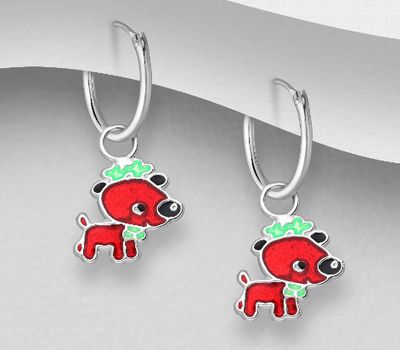 925 Sterling Silver Dog Hoop Earrings. Decorated with Colored Enamel