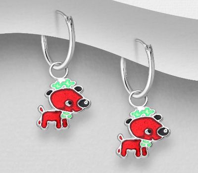 Şəkli böyütmək üçün tiklayın 925 Sterling Silver Dog Hoop Earrings. Decorated with Colored Enamel