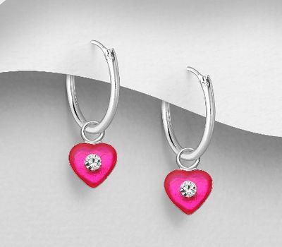 925 Sterling Silver Heart Hoop Earrings, Decorated with Colored Enamel and Crystal Glass